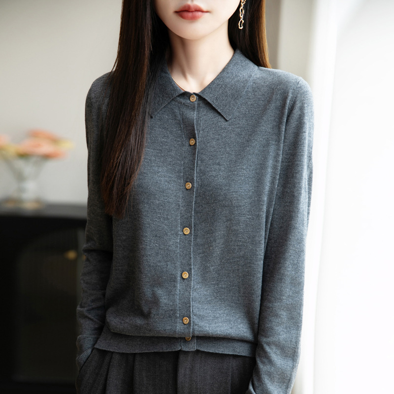 POLO领精纺羊毛针织开衫女秋冬新款衬衣领叠穿翻领打底衫上衣批发|undefined
