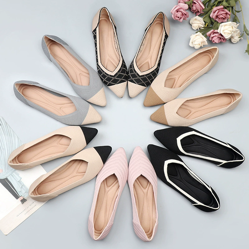 Туфли-лодочки в европейском и американском стиле, весенне-осенние балетки, лоферы, туфли без каблука, женская обувь, мягкие трикотажные туфли-лодочки с острым носком, универсальные.