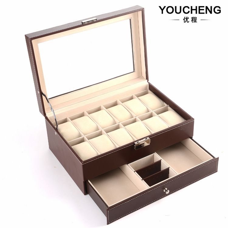 现货批发咖啡色12位手表盒皮革双层手表首饰盒木质珠宝首饰收纳箱