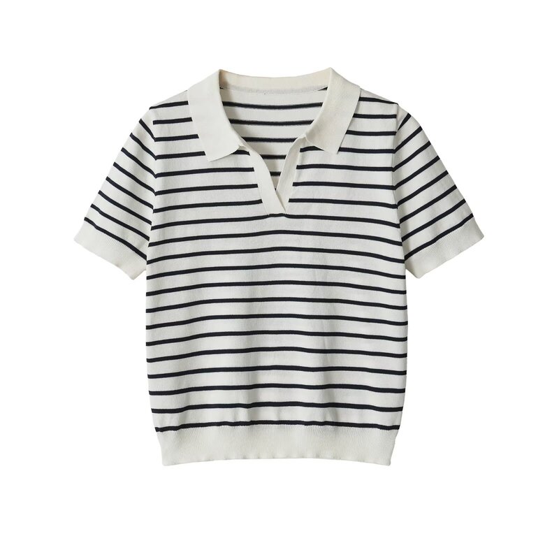 Pb&Za Women's Clothing 2026 Summer New Style Versatile Contrast Color Striped Polo Collar Knitted Top 5755057