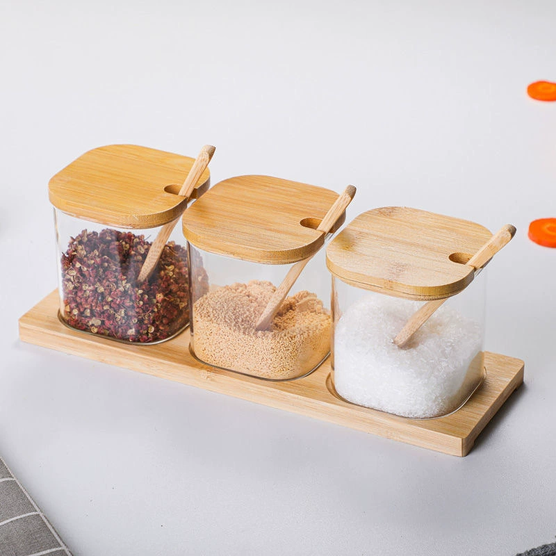 Прозрачный стеклянный приправа банки для приправы бутылки для кухни с крышкой с ложкой три группы квадратные стеклянные бутылки соль глутамат натрия с высоким содержанием бора