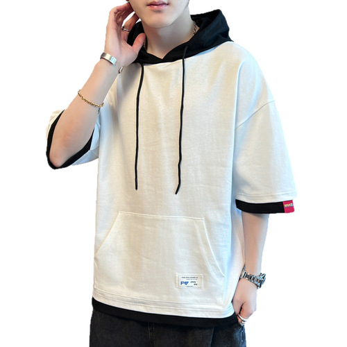 K summer new men's short-sleeve T-shirt, fashion brand hooded, half-sleeve ins, fashionable all-matching half-sleeve summer pure cotton T-shirt