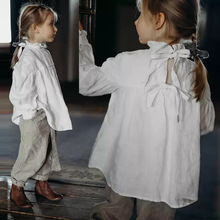 北欧风苎麻棉衬衫童装春秋棉麻系带衬衣长袖花边袖口小立领上衣