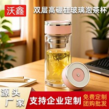 沃鑫高颜值双层玻璃杯高硼硅耐热带盖泡茶杯子定制logo企业礼品杯