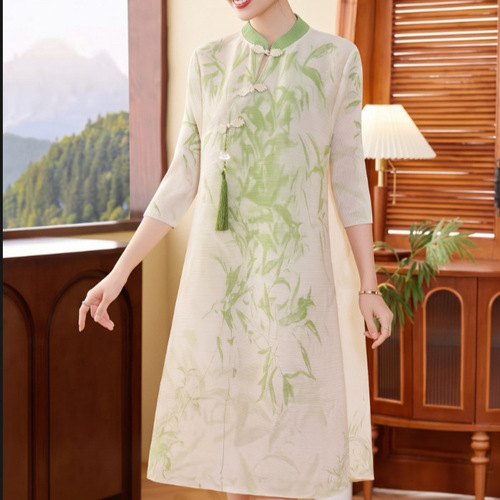 Spring Fashion Style Dress, Trendy Long Sleeve 2026 New Spring Retro Print Shake Shake Pleated Dress