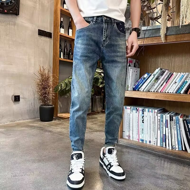 Denim Pants Men's Spring and Autumn Slim-fit Trendy All-match Leggings Casual Pants Men's Trendy Brand Elastic Curled Leggings Trousers