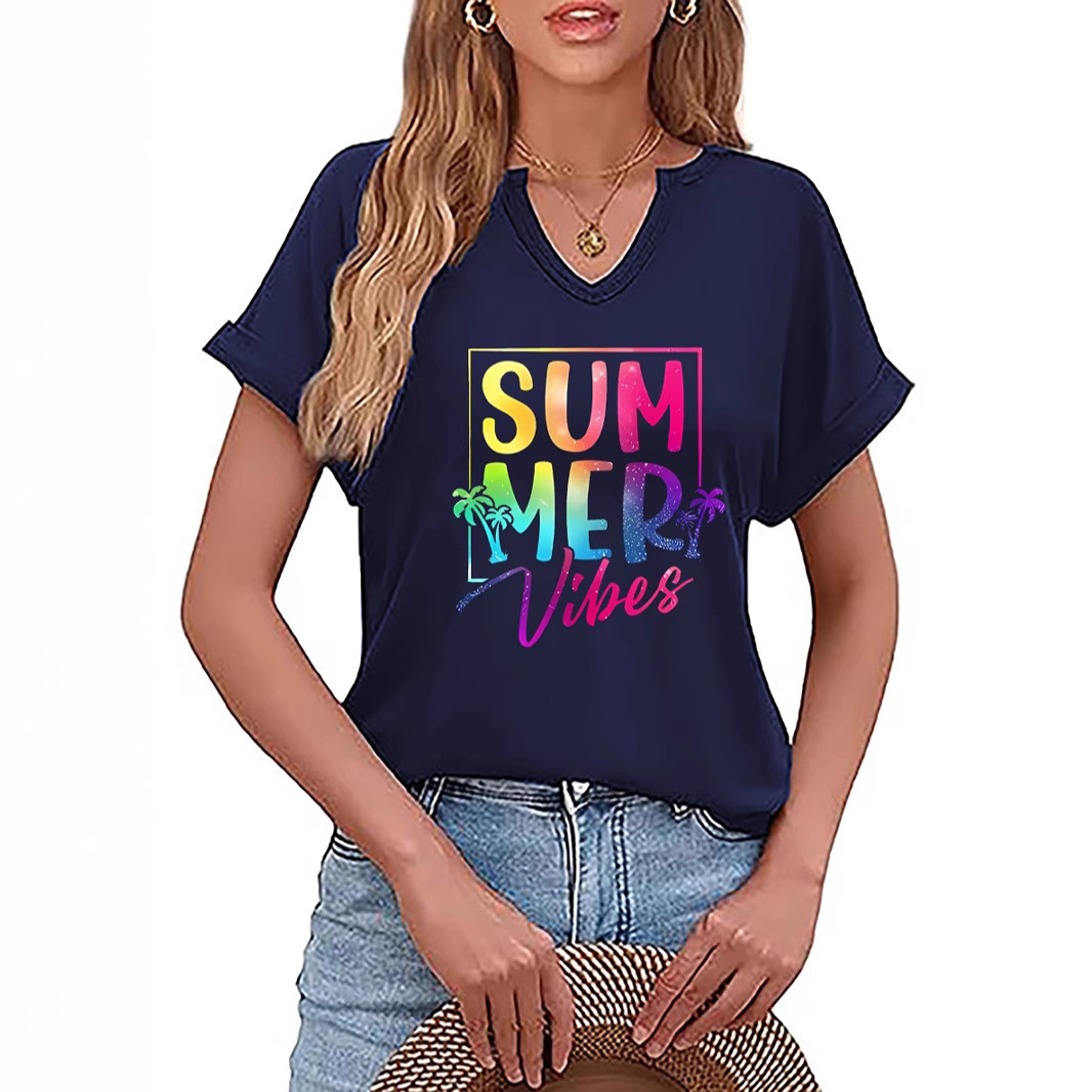 European and American Amazon Spring and Summer New Spot V-Neck Rolled Sleeve Sum Mervibes Letter Print Pullover T-Shirt