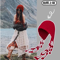 川西旅游镂空针织帽子女出游百搭流苏绑带安可雷穿搭毛线套头冷帽