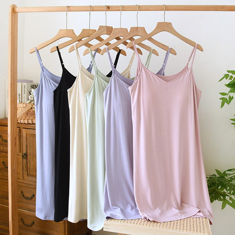 Mid-length Slip Skirt Women's Modal Nightdress with Chest Pad Summer Thin V-neck Base Skirt with dress