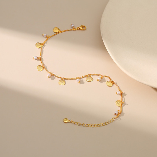 Elegant 18K Real Gold Plated Pearls Beaded Anklet Chain with Unique Small Shell Pendant, French Beach Style Design