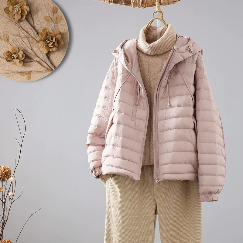 Light and thin winter retro keep warm down jacket with hood for leisure