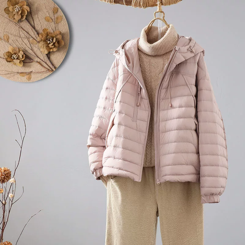 Light and thin winter retro keep warm down jacket with hood for leisure