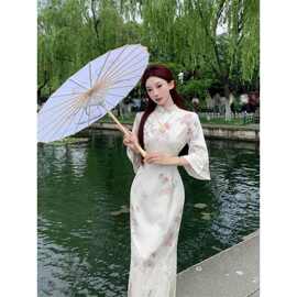 新中式复古国风旗袍倒大袖清冷感温柔长款连衣裙印花款白入梦