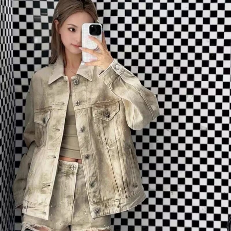 Smfk Wild Continent Giant Denim Jacket (Handmade) with Rhinestone Design, Celebrity Style
