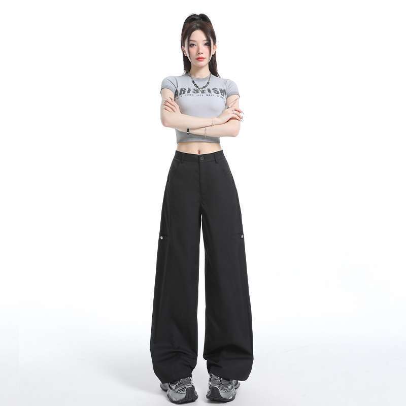 批发美式黑色工装裤女夏季宽松显瘦运动速干休闲阔腿裤代发|undefined