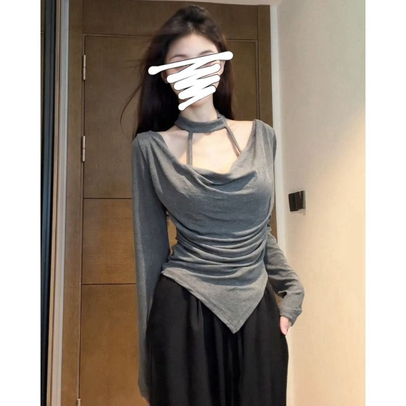 工厂批发【莫代尔人棉】纯欲风挂脖荡领长袖打底衫女秋冬不规则辣|undefined