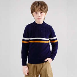 纯羊毛衫秋冬儿童半高领套头拼色加厚男童女孩针织打底中大童毛衣