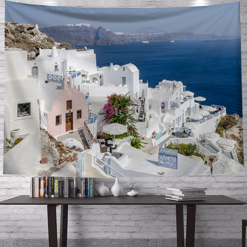 Transfronterizo griego fresco paisaje impresión decorativa de tela de renovación de la sala de tela de fondo vivo fábrica de tela al por mayor