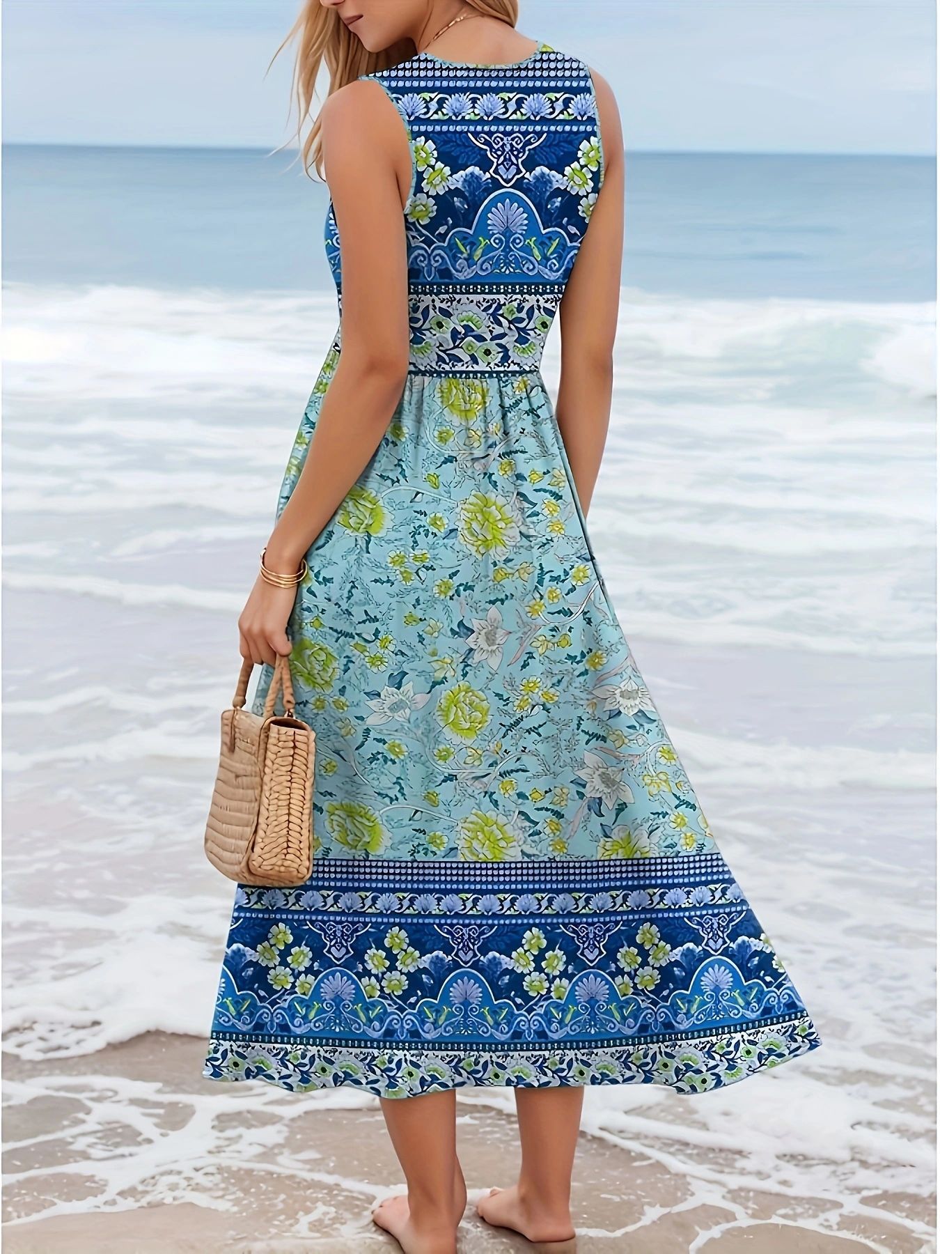 2025 European And American Printed Beach Sleeveless Vest Long Dress Women's Fashion_ecoleips.com