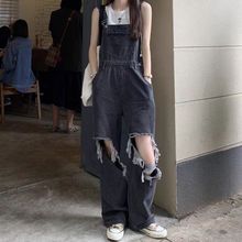 破洞牛仔背带裤夏季新款美式复古设计感辣妹风炸街高腰阔腿长裤女