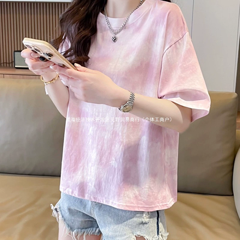 Женская хлопковая футболка уникального дизайна, с коротким рукавом, летняя корейская версия, свободный крой, большие размеры, укороченная, миниатюрная, топ с принтом тай-дай, модная.