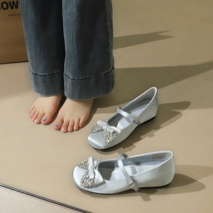 836-H107 French Sweet Wind Satin High Grade Bow Water Diamond Round Head Straight Belt with Inner Height Increase Single