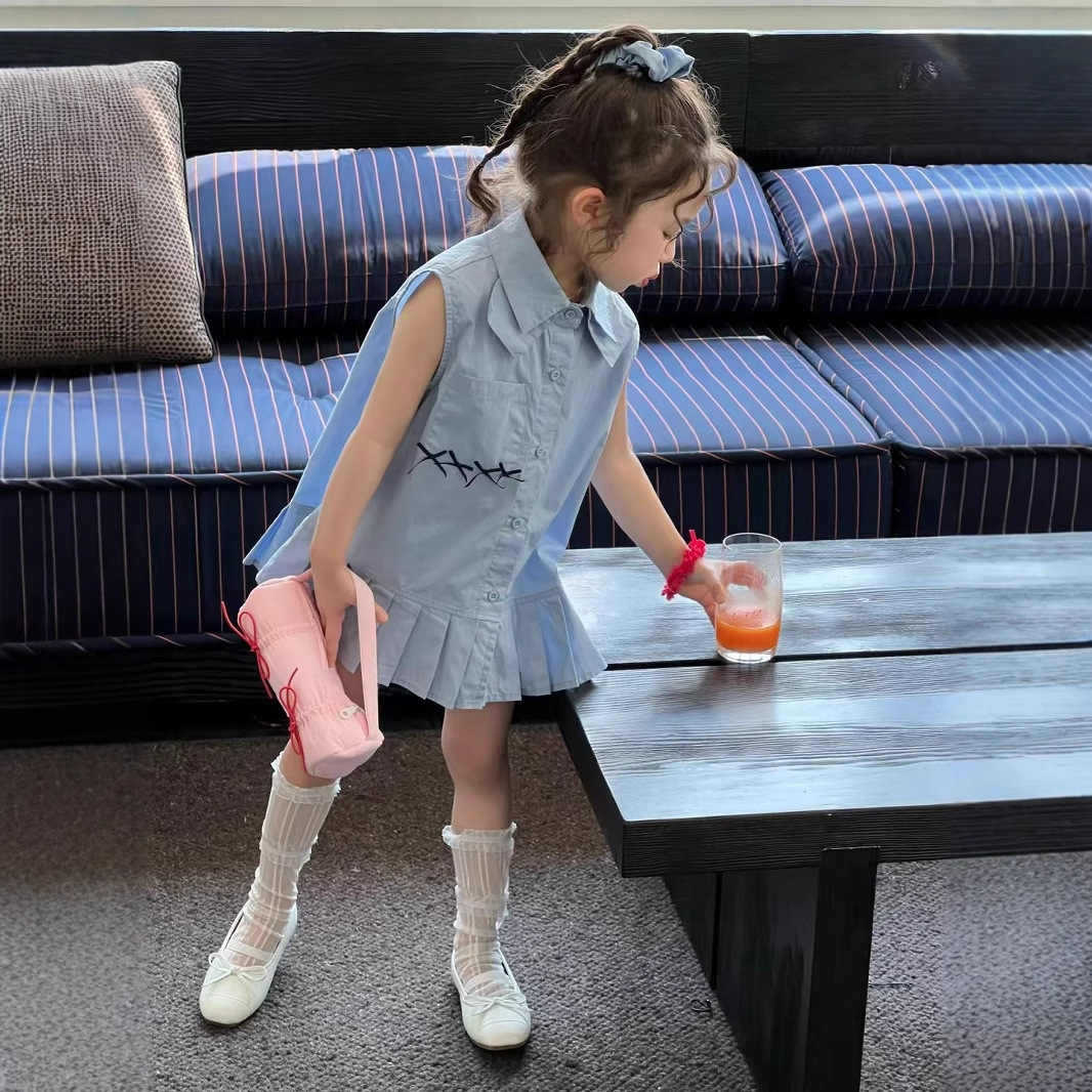 Girls' Korean-Style Polo Collar Dress, New Summer Trendy Children's Preppy Style Tank Dress, Pleated Skirt, Fashionable
