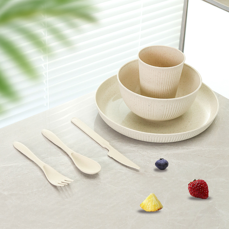 24-piece familia vajilla traje de paja de trigo rayado plato taza tazón de arroz restaurante plato tazón de fideos taza de agua image 8