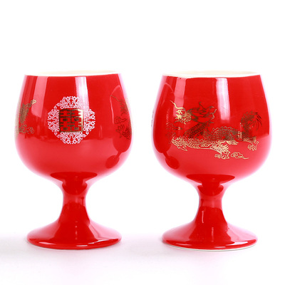 Custom ceramics logo Wedding celebration Supplies Chinese style Wine Glass gules marry Tall Right cup Double Happiness Small handless winecup Wedlock