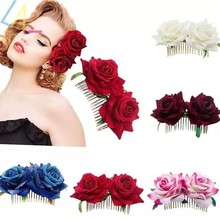 头饰双朵绒布玫瑰发梳新娘盘发插梳酒红色卷边仿真花朵女士