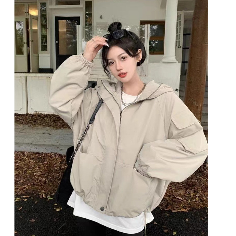 休闲宽松连帽冲锋衣外套女春秋季新款棒球服运动夹克韩版百搭上衣|undefined