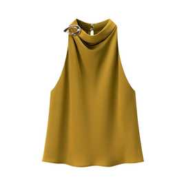 外贸单！批发秋季女装百搭金色附料饰挂脖领无袖上衣女8919911