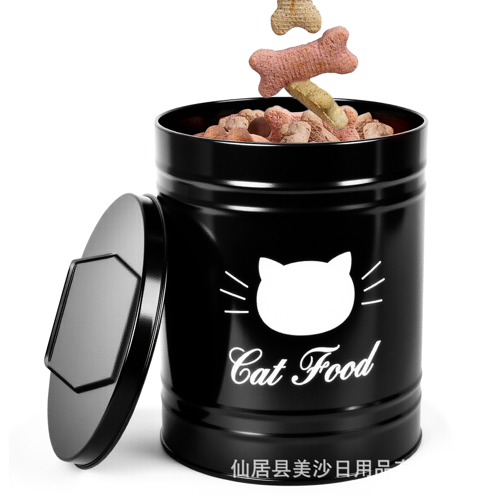 Nueva lata redonda a prueba de humedad de estilo americano, cubo de almacenamiento de comida para perros y gatos de hojalata, cubo de almacenamiento de bocadillos para mascotas, portátil con tapa