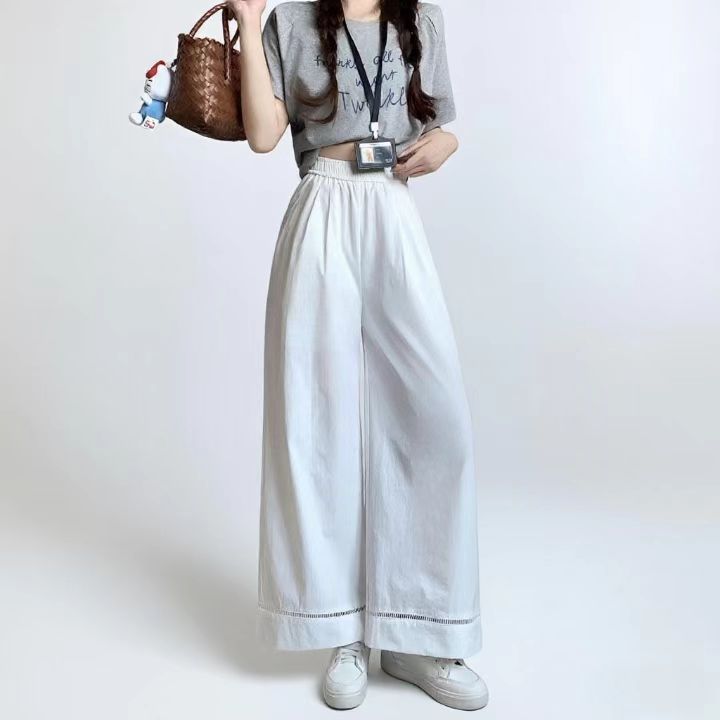韓国 2025 新しい夏スタイルハイウエストスリム多用途カジュアルストレートパンツ女性の中空スプライシングワイドレッグ 9 点パンツ