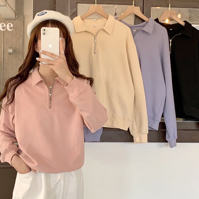 2025 Spring and Autumn Hong Kong Style Solid Color Casual Loose Slim Long Sleeve Sweater Women's Polo Lapel Zipper Pullover Top Trendy