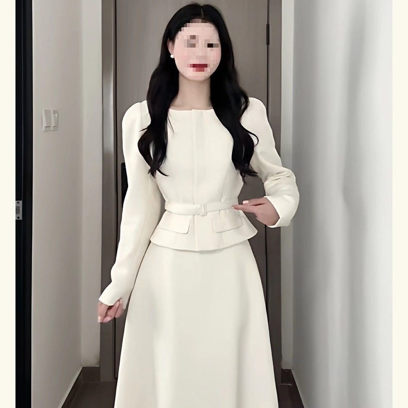 设计感时尚白色收腰长袖上衣外套女秋季新款宽松显瘦半身裙两件套|undefined