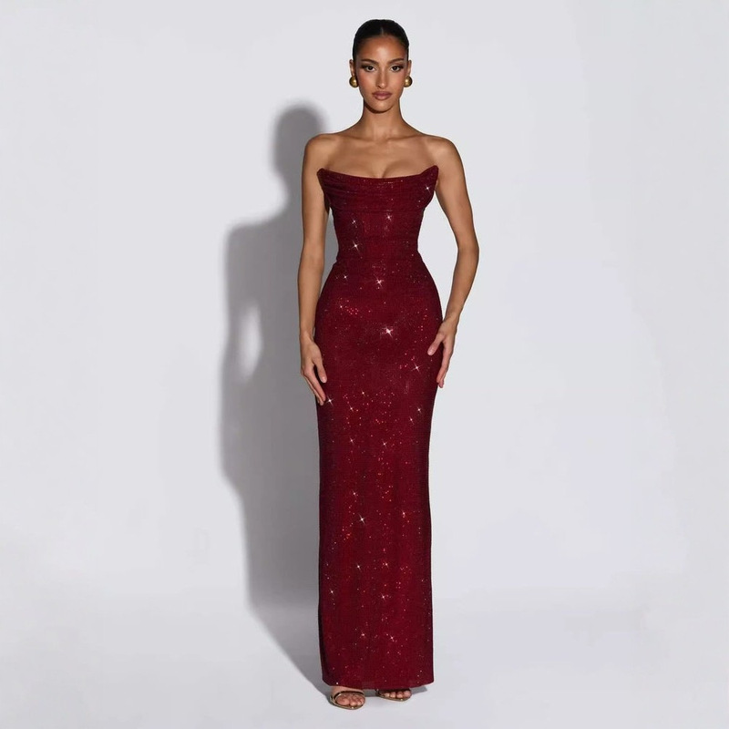 European and American Style Strapless Rhinestone Backless Lace-Up Gown, Slim-Fit Elegant High-End Party Dress with Luxurious Craftsmanship