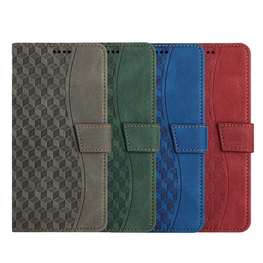 适用iPhone16ProMax翻盖式手机壳苹果15插卡保护皮套菱形格纹魔方