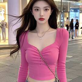 亚马逊速卖通eBay独立站方领锁骨修身长袖打底衫秋冬内搭短款上衣