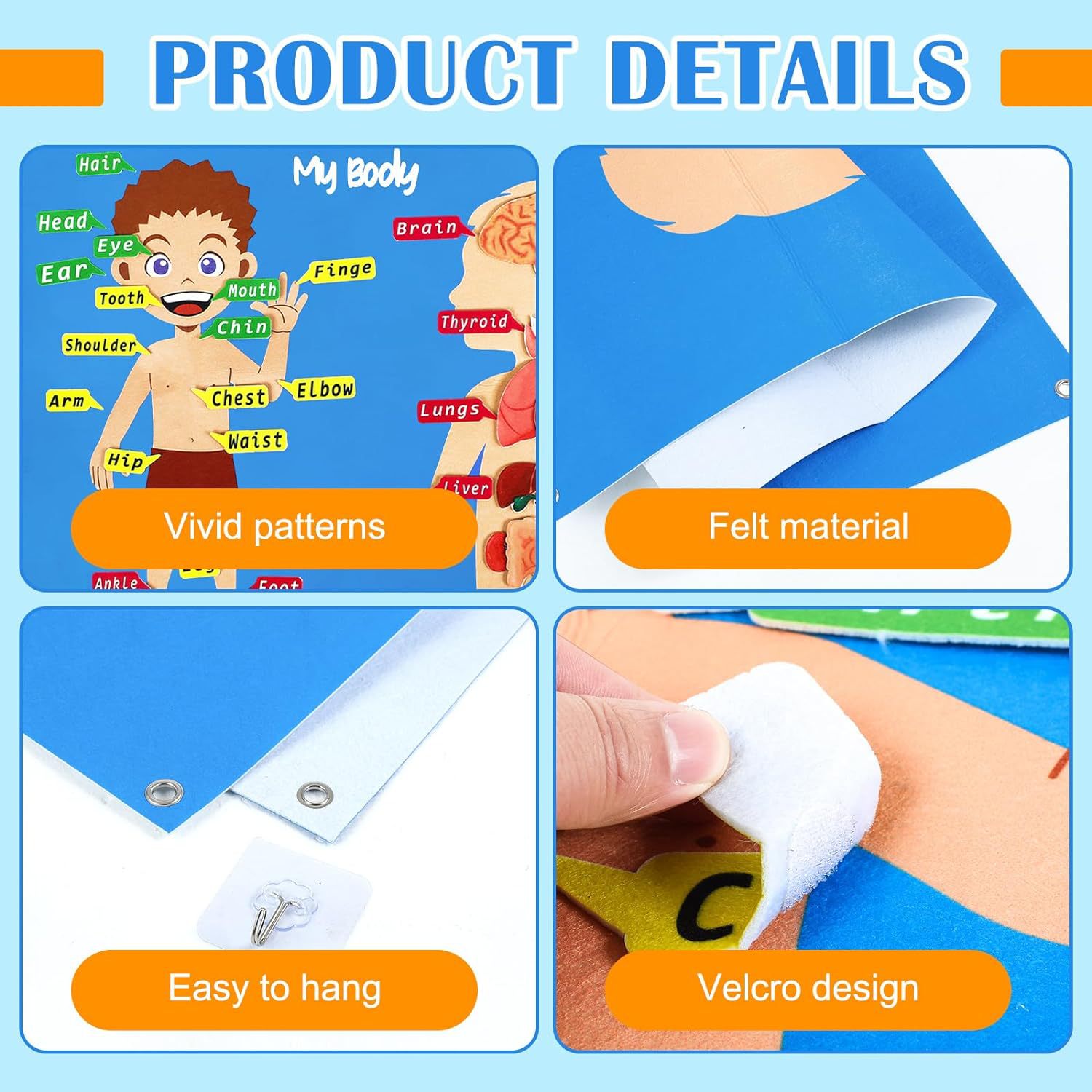 Ventas calientes de educación temprana aprendizaje de partes del cuerpo juguetes sensoriales historia de fieltro reconocimiento de partes del cuerpo tablero de enseñanza