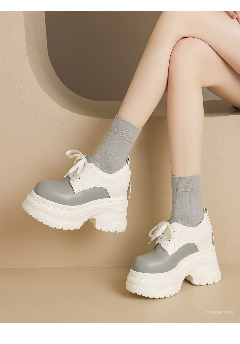 Giày sneaker nữ chunky đế dày phối màu mùa thu 2025, da bò thật, tăng chiều cao 12cm, buộc dây — Màu đen, Màu xám trắng, Màu trắng chi tiết 2