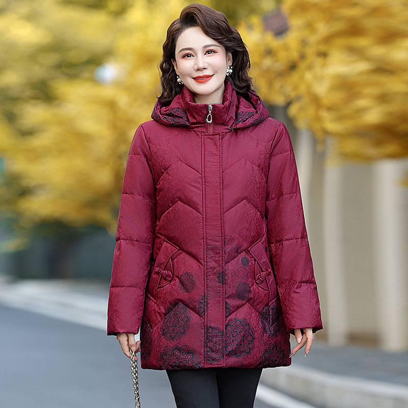 High-End Middle-Aged and Elderly Women's down Jacket 2025 Winter New Fashion Printed Mid-Length Grandma Thickeneded Warm Jacket