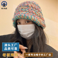 外贸秋冬毛线帽大头围显脸小彩色粗线针织帽保暖盆帽护耳冷帽子女
