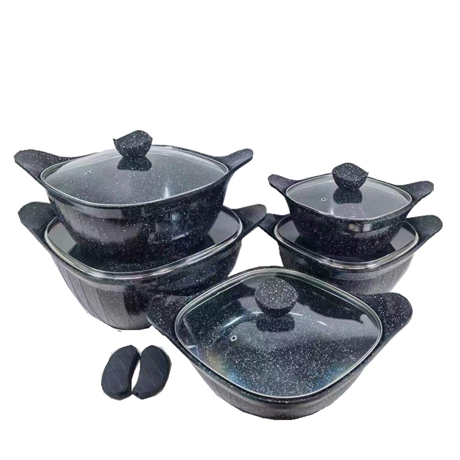 12 unids conjunto de utensilios de cocina HK 12 piezas olla cuadrada en forma de lingote maifan no palo de piedra conjunto olla de fundición de aluminio