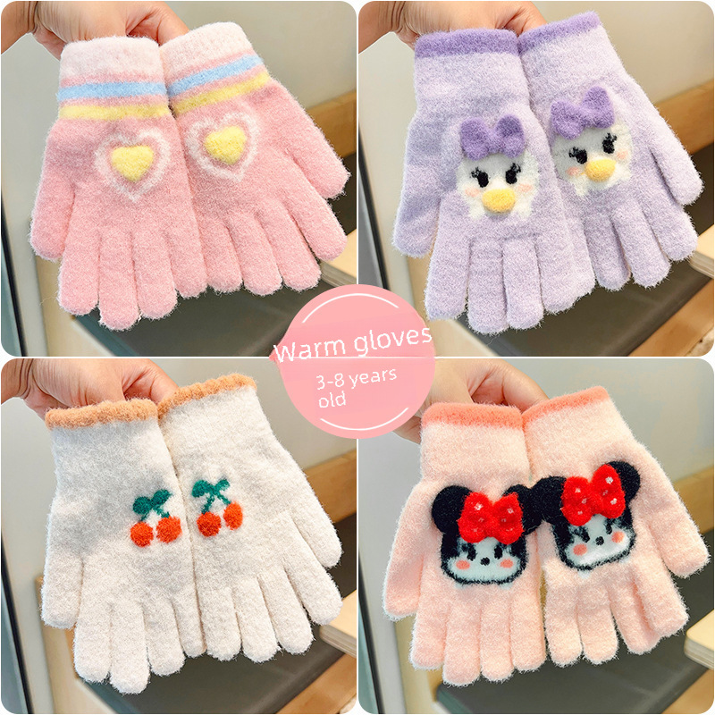 New 2023 Autumn/Winter Children's Girls Cute Knitted Five-Finger Gloves, Girls Cute Cartoon Fleece Thick Gloves