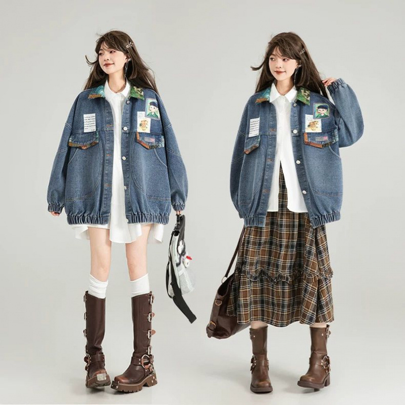 复古牛仔外套女2025秋季法式文艺提花蝴蝶结饰夹克上衣春秋|undefined