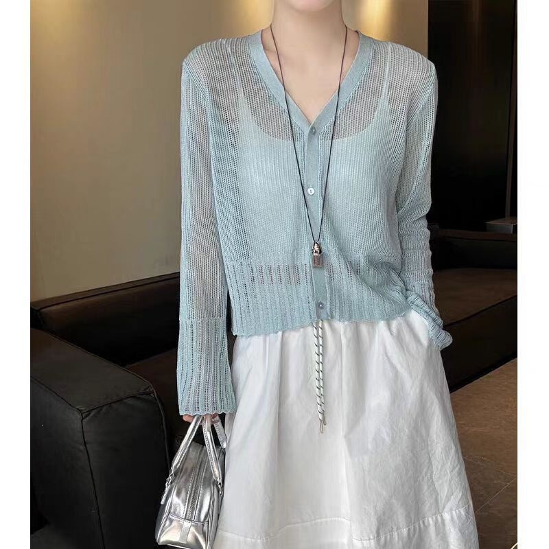 Korean Style Fashionable V-Neck Single-Breasted Ice Silk Knitted Cardigan for Women 2025 Summer New Versatile Long-Sleeved Sun Protection Top