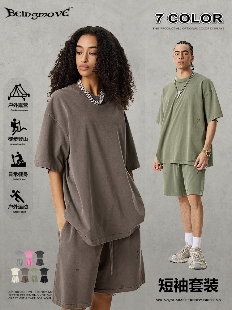 2025 verano marca de moda americana Batik cortado conjunto de mangas cortas estilo retro sin sexo lavado camiseta de agua dos piezas para hombres