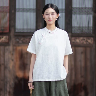 26夏季新款棉麻女装复古佛系禅意立领缝线盘扣素衣斜襟上衣衬衫