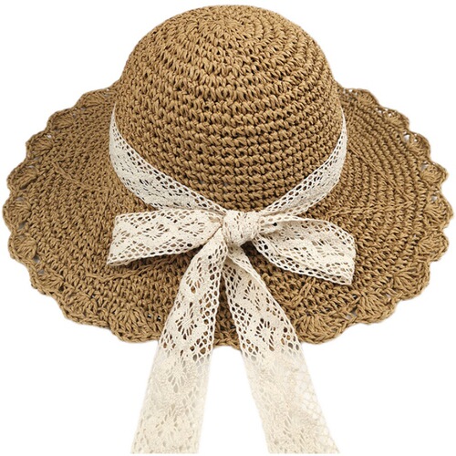 Ladies' Boho Chic Japanese Style Versatile Lace Strap Butterfly Knot Cap for Summer Outing Wide Brim Beach Sun Hat